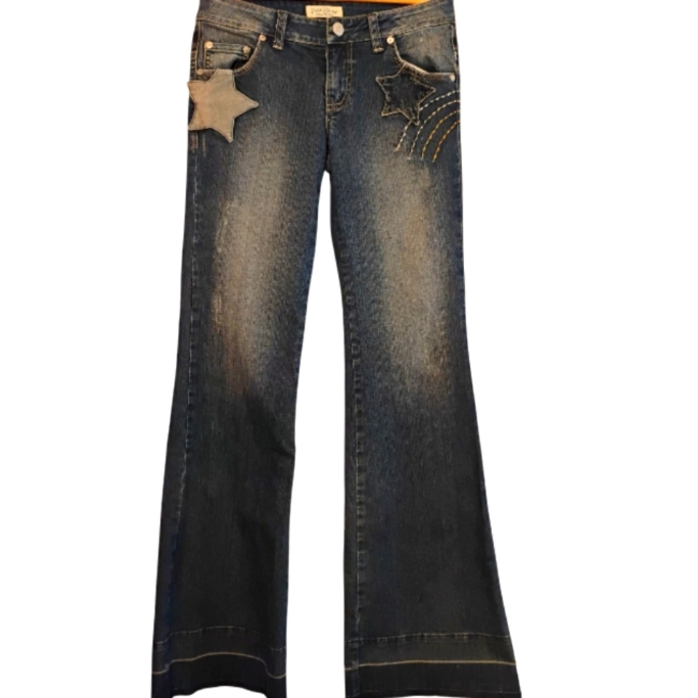 Patch Work Embroidered Low Rise Jeans with Stars and Back Sun Design Jeans